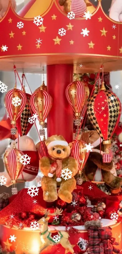 Festive teddy bear carousel with red and gold decor.