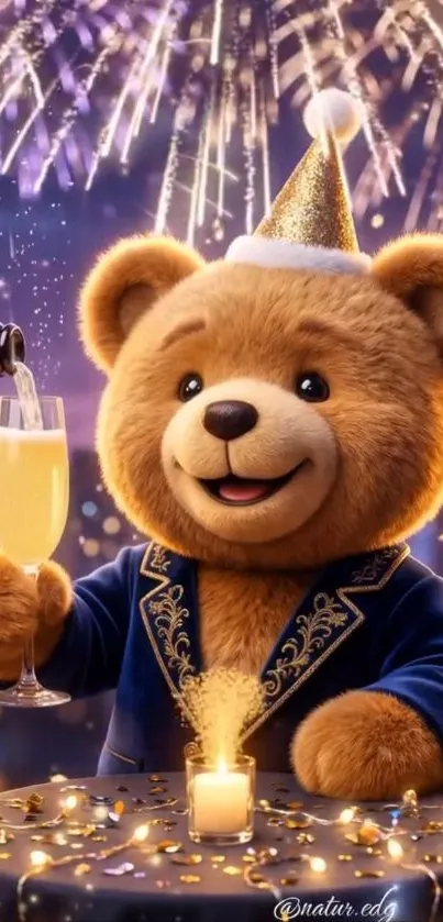 Teddy bear celebrating with fireworks and champagne in a festive setting.