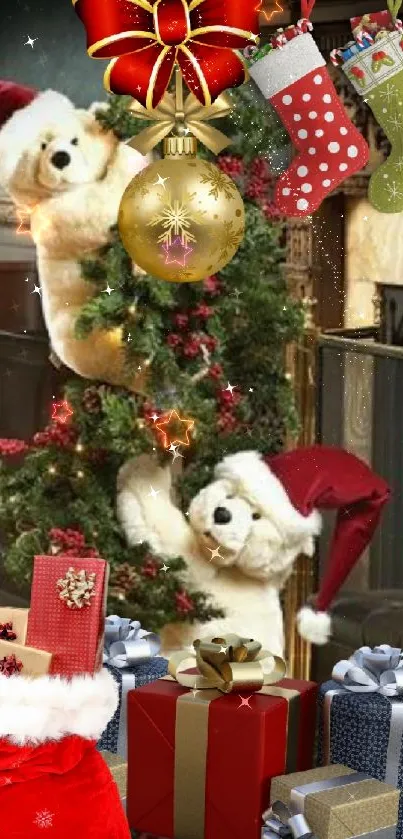 Teddy bears with Santa hats on a decorated Christmas tree with gifts.