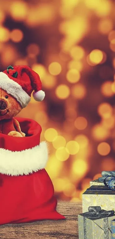 Teddy bear in Santa sack with gifts and golden bokeh lights.