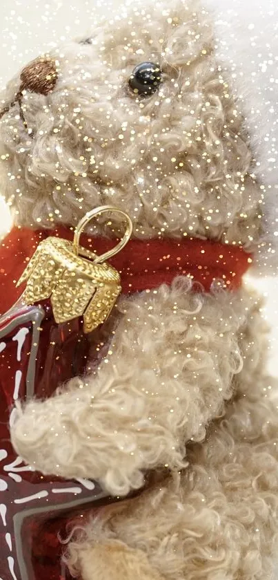 Teddy bear wearing Santa hat with star ornament in festive setting.