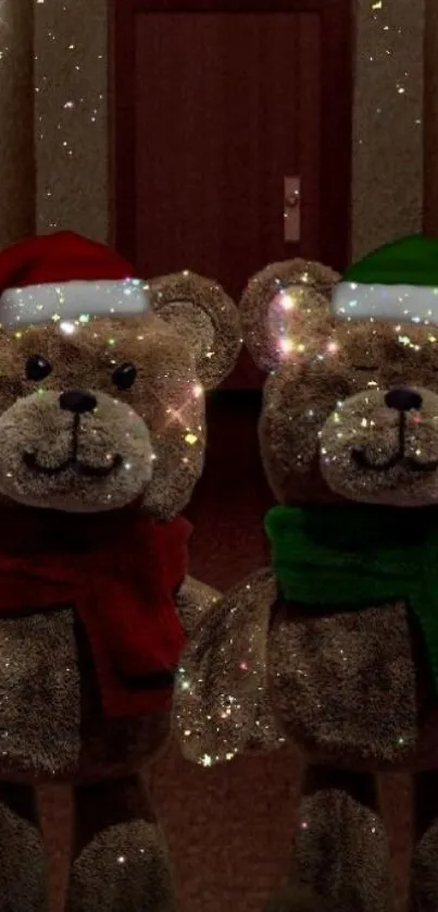 Festive teddy bear wallpaper with sparkles.