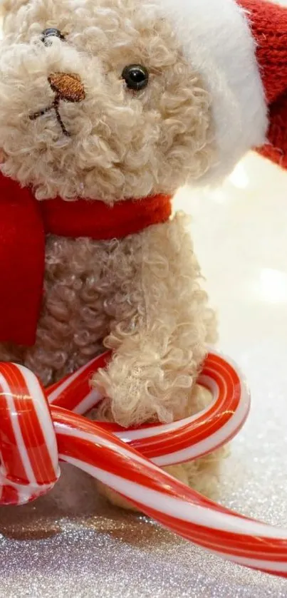 Teddy bear with Santa hat and candy cane on sparkly background.