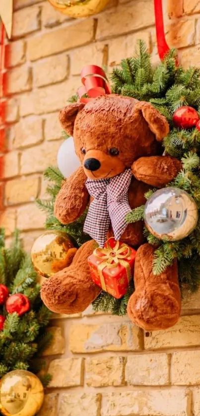 Festive teddy bear with Christmas decorations on a brick wall.