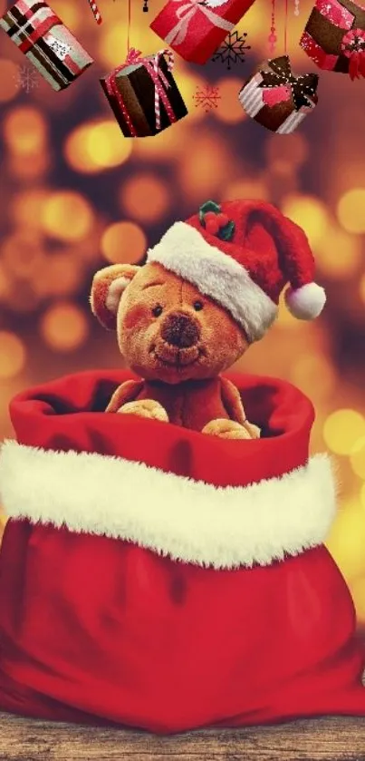 Teddy bear in Santa sack with festive gifts.