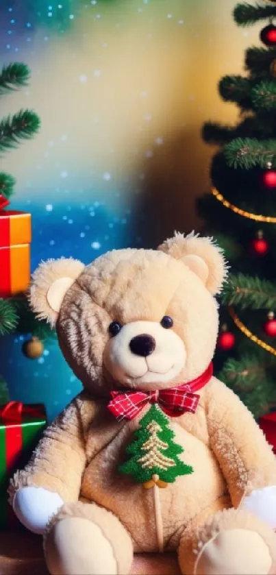 Teddy bear with Christmas gifts and trees in festive setting.