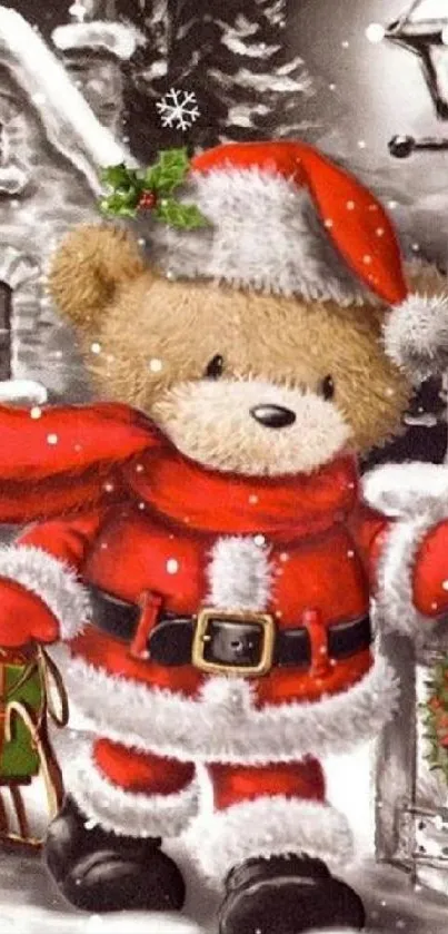 Teddy bear in Santa outfit with snowy village background.