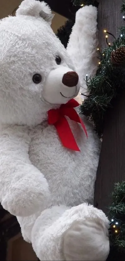 White teddy bear with red bow climbing on festive decorated wall.