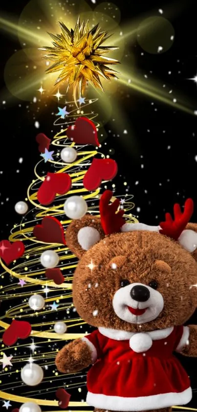 Festive Christmas wallpaper with a teddy bear and decorated tree.