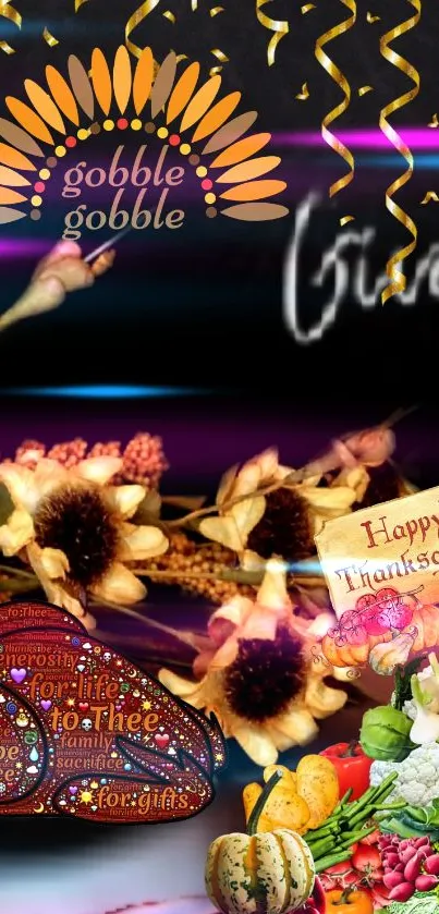 Thanksgiving-themed wallpaper with flowers and holiday decor.