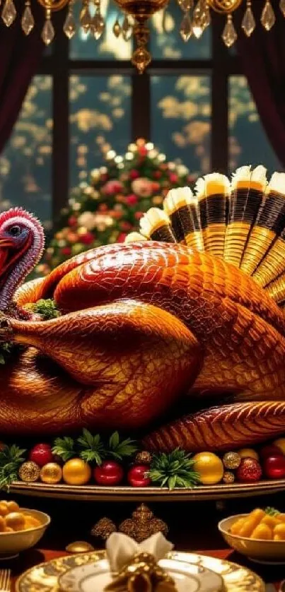 Elegant Thanksgiving turkey centerpiece on a decorated festive dinner table.
