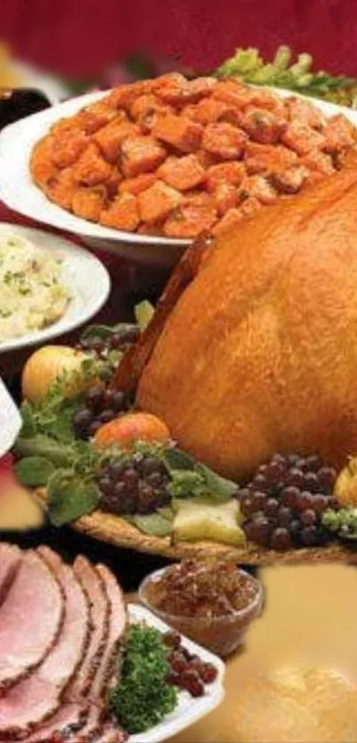 Thanksgiving feast with turkey and sides featuring vibrant autumn colors.