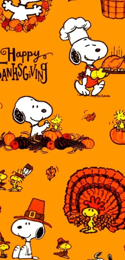 Cheerful Snoopy and Woodstock Thanksgiving mobile wallpaper.