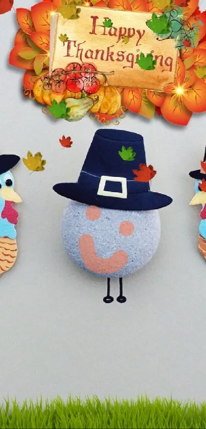 Colorful cartoon Thanksgiving turkeys with hats on a festive mobile background.