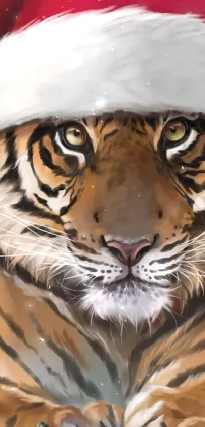 Tiger wearing a Santa hat, festive mobile wallpaper.