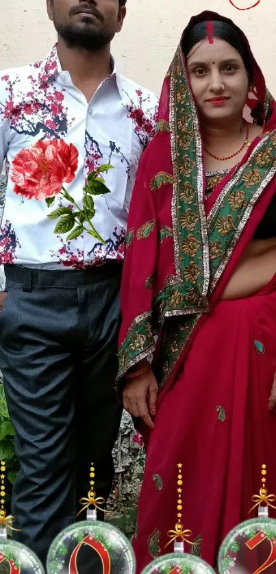 New Year wallpaper with couple in traditional red attire and festive design.