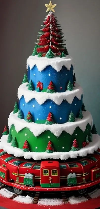 Christmas cake with train tracks and snowy decorations.