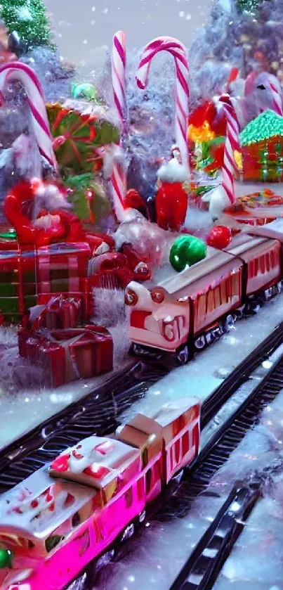 Festive Christmas train with candy canes and gifts.