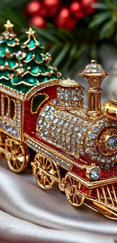 Ornate festive train with holiday decorations on display.