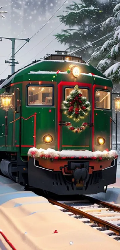 Green train with holiday wreath in snowy forest.