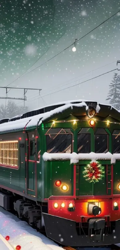 Festive train decorated in snow with Christmas lights.