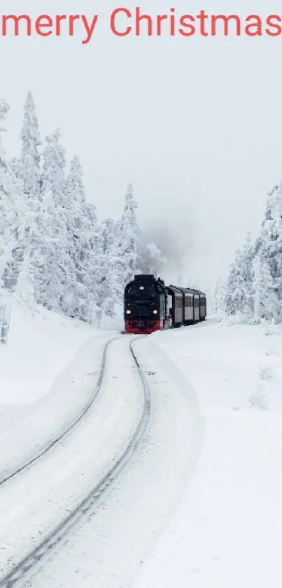 Snowy landscape with Christmas train and greeting text.