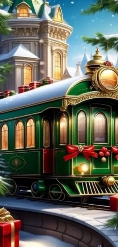Festive green train in snowy winter scene with presents.