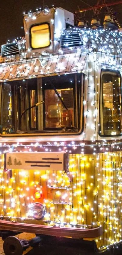 Tram adorned with festive lights at night, perfect for mobile wallpaper.