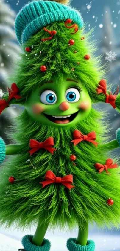 Bright green cartoon tree character in winter scene.