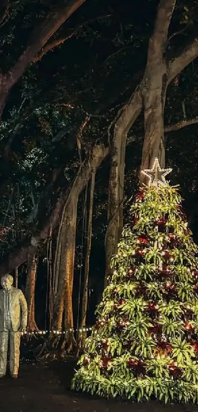 Night scene with festive Christmas tree in forest.