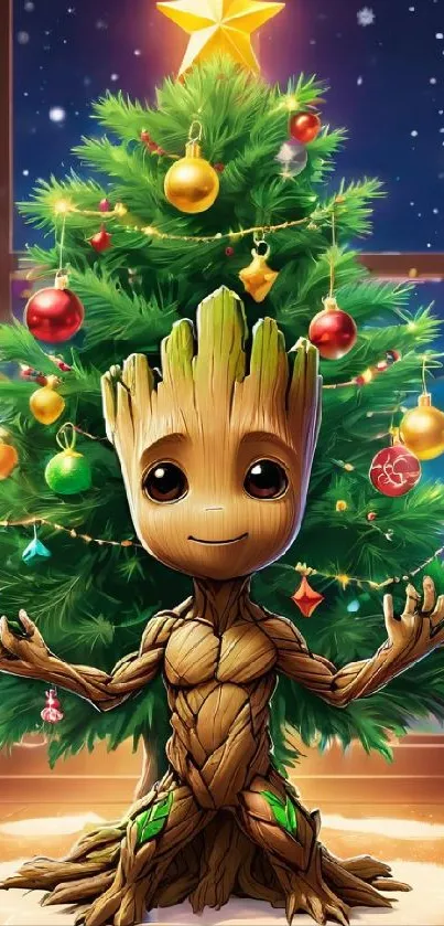 Festive cartoon character in front of Christmas tree.