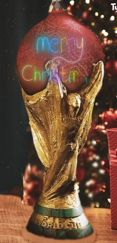 World Cup trophy with Christmas decoration and gift.