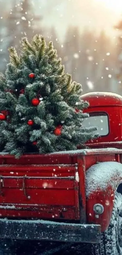 Red vintage truck with snowy Christmas tree in winter setting.