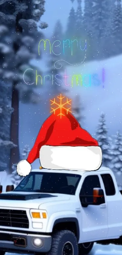 White truck with Santa hat in snowy Christmas scene.