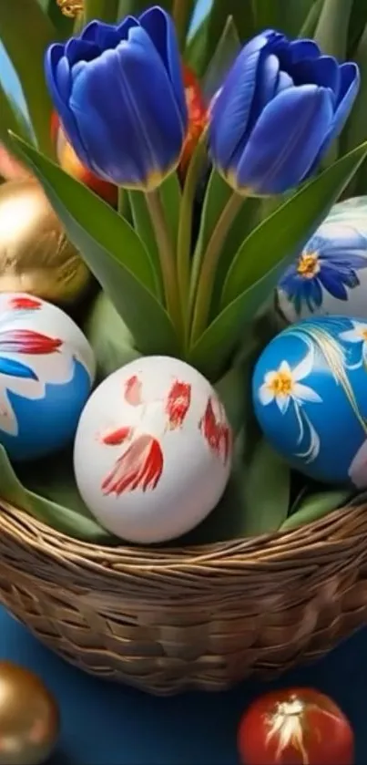 Basket with tulips and painted Easter eggs, vibrant holiday decor.