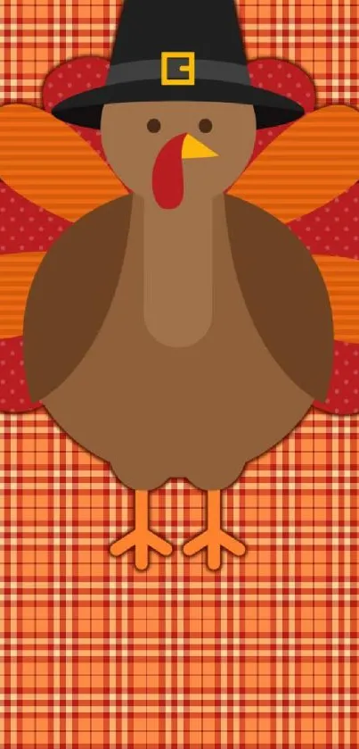 Colorful cartoon turkey with plaid background.