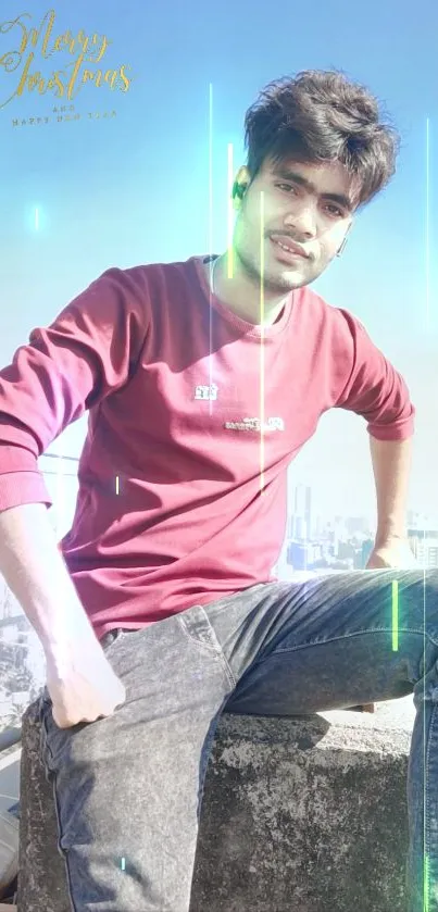 Young man in red shirt with urban backdrop, festive neon lights.