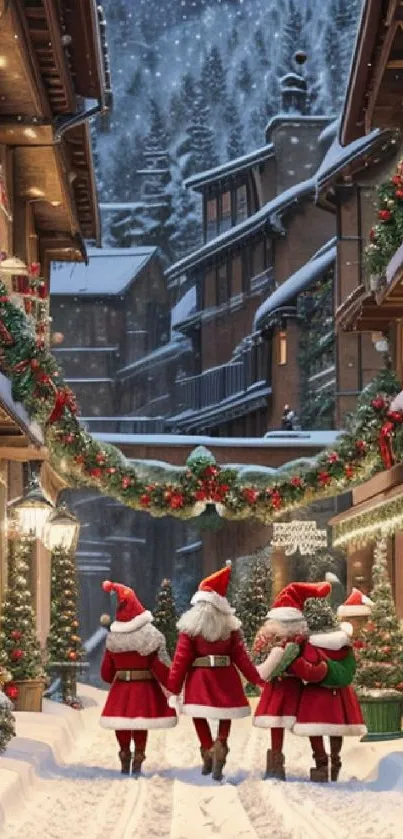 Festive village with snow, lights, and Santas walking.