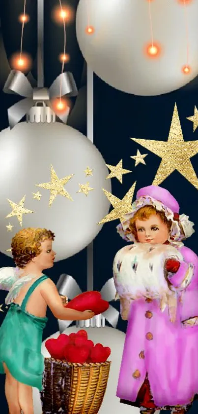 Vintage holiday scene with ornaments and stars.