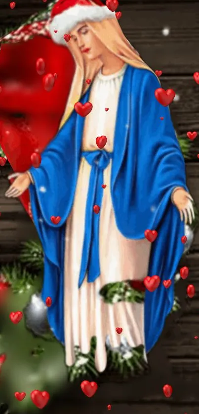 Festive Virgin Mary with blue cloak and hearts on a wooden background.