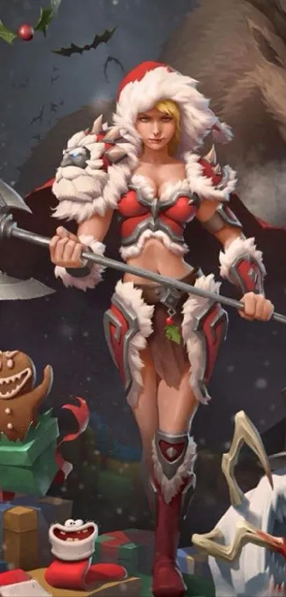 Fantasy warrior in festive Santa attire with holiday creatures.