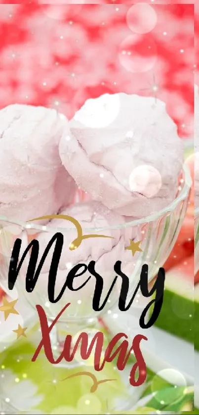 Merry Xmas wallpaper with vibrant watermelon slices and festive decorations.