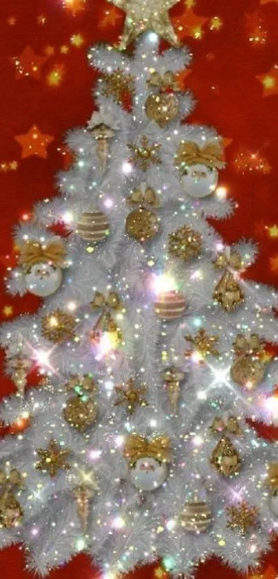 Festive white Christmas tree with gold ornaments and stars on a red background.