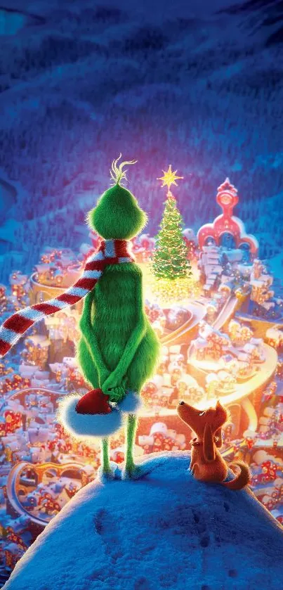 Grinch and Max overlooking Whoville's Christmas celebration in vibrant colors.