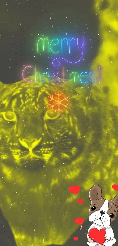 Neon yellow wildcat with Christmas greeting and cute dog illustration.