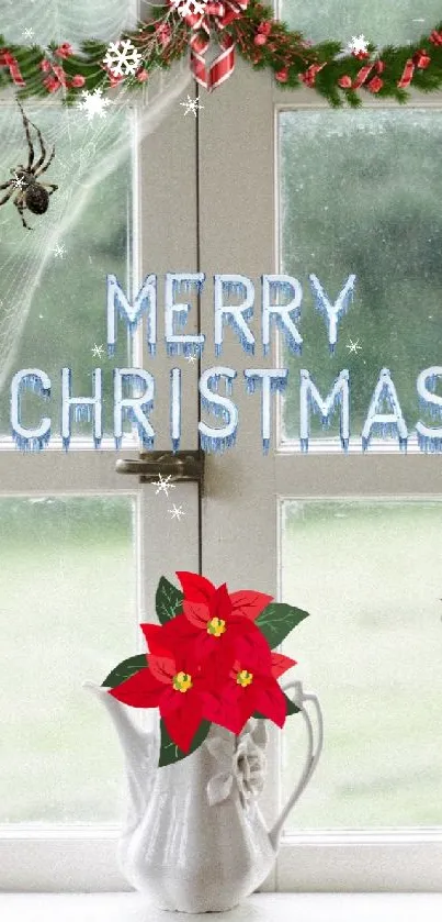 Festive window with Merry Christmas neon sign and poinsettia decorations.