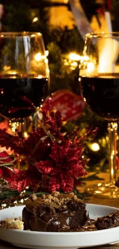 Holiday table with wine, dessert, and festive lights.