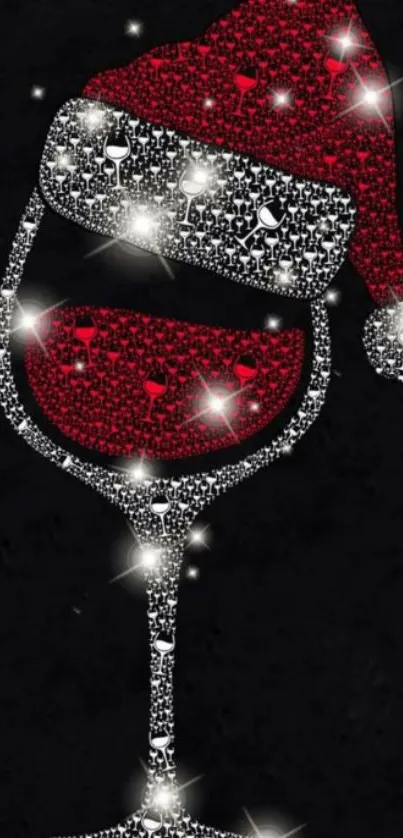 Festive wine glass with Santa hat on black background.