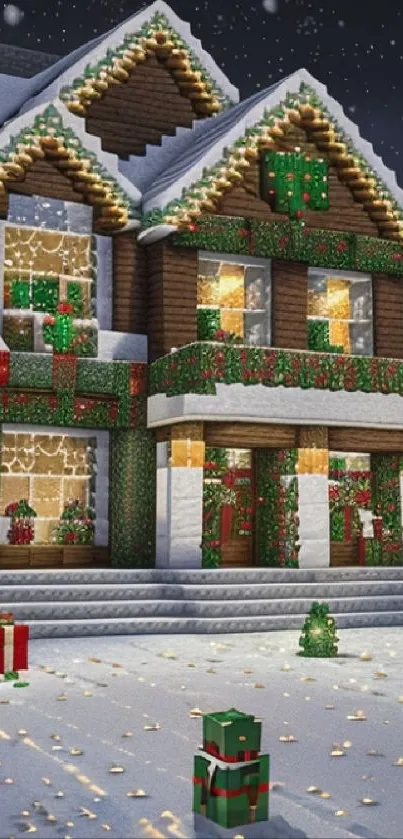 Snowy Christmas cabin with gifts and festive lights.