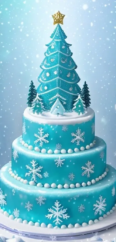 Three-tier winter cake with turquoise icing and snowy design.